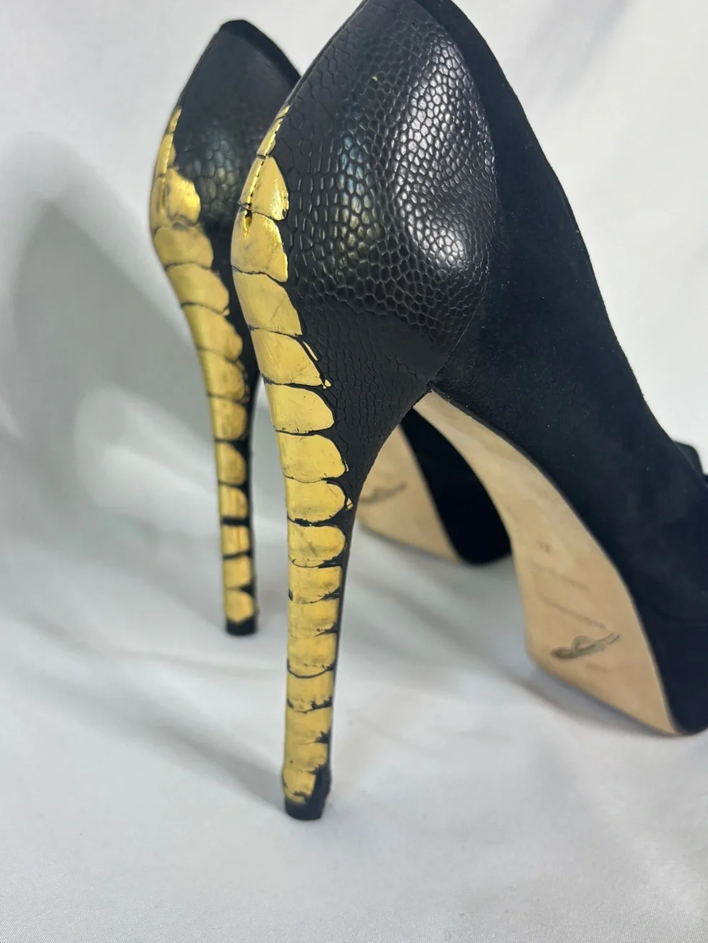 Brian Atwood suede‎ platform stiletto heels with black and gold statement detail